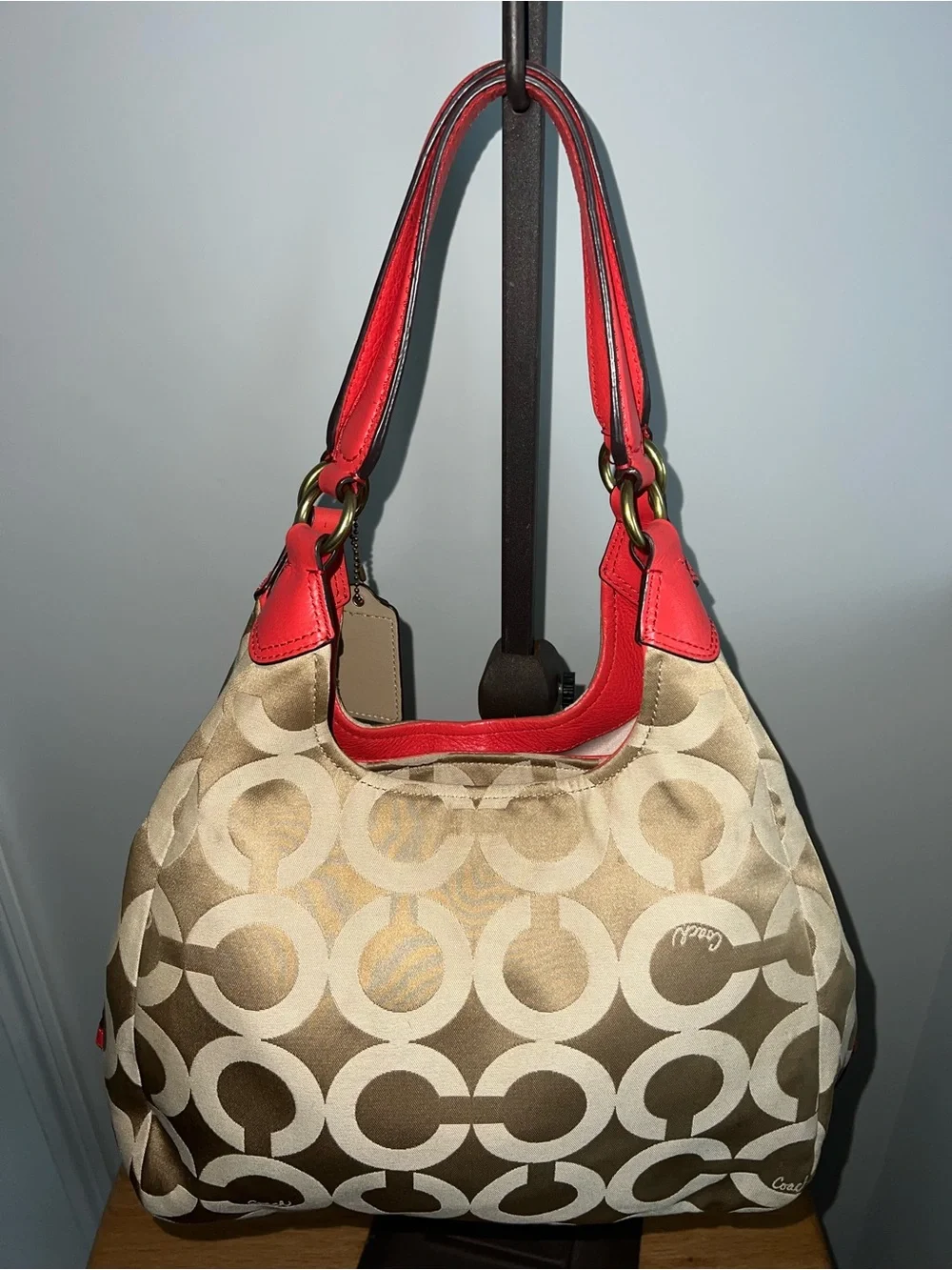 Coach Madison Op Art Maggie Hobo Bag – Khaki/Coral